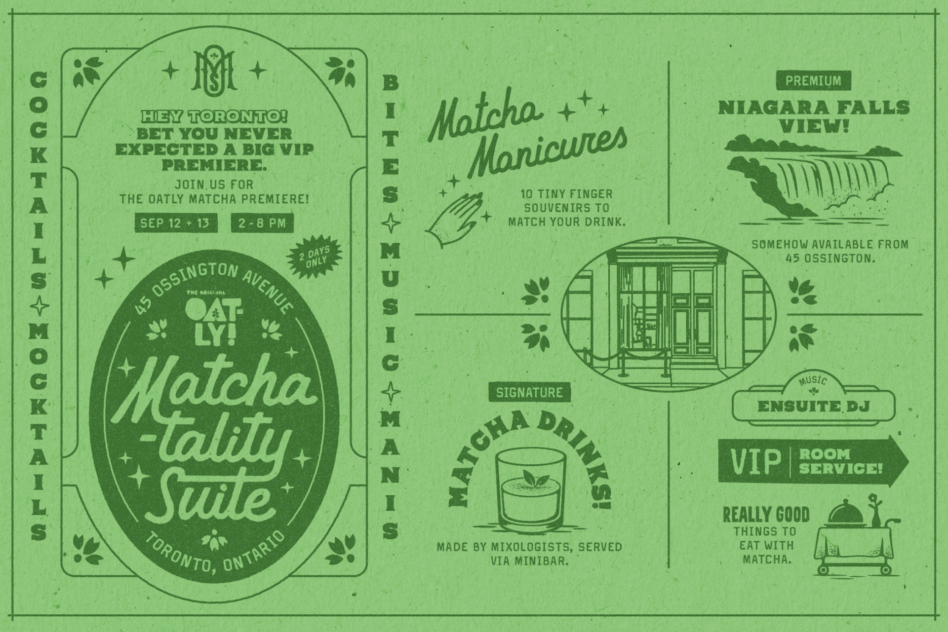 Oatly Matcha-tality Suite activities in Toronto featuring matcha drinks, manicures, live DJ music, room-service-inspired bites, and photo moments.