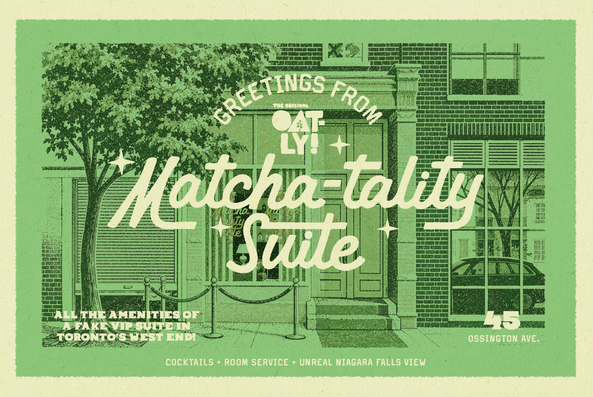 Oatly Matcha-tality Suite poster promoting the free green-themed pop-up in Toronto on September 12 and 13, featuring complimentary matcha drinks, bites, live music, matcha manicures, and photo opportunities.